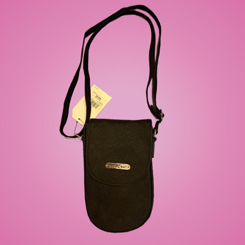 Womens Multisac Small Black Floral Crossbody Bag with Snap Closure